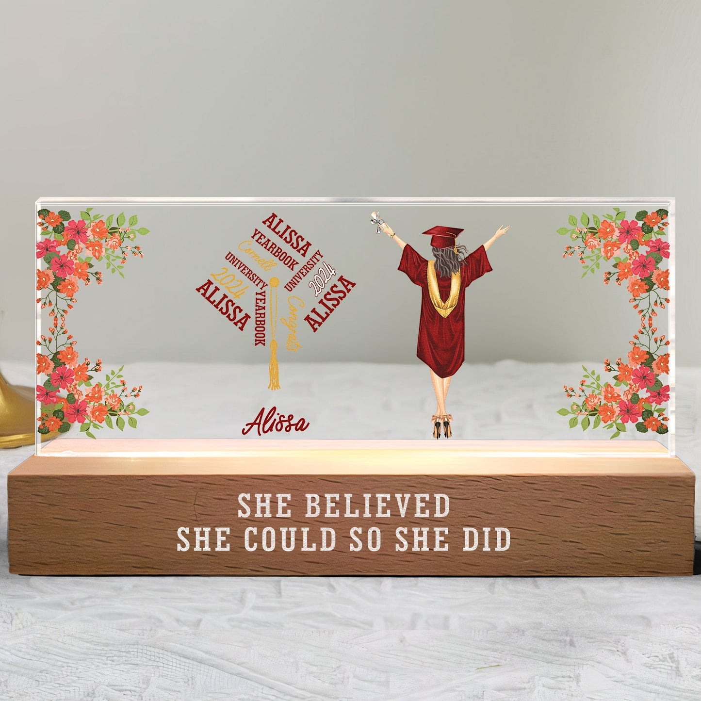 Graduation Gift - She Believed She Could So She Did - Personalized LED Night Light