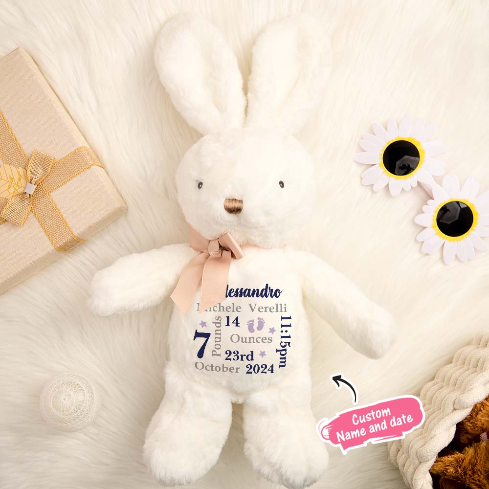 White teddy bear with personalized text on a soft surface with a gift box and flowers.