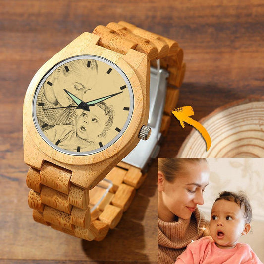 Wooden watch with a unique face design on the wooden band, placed on a wooden surface.