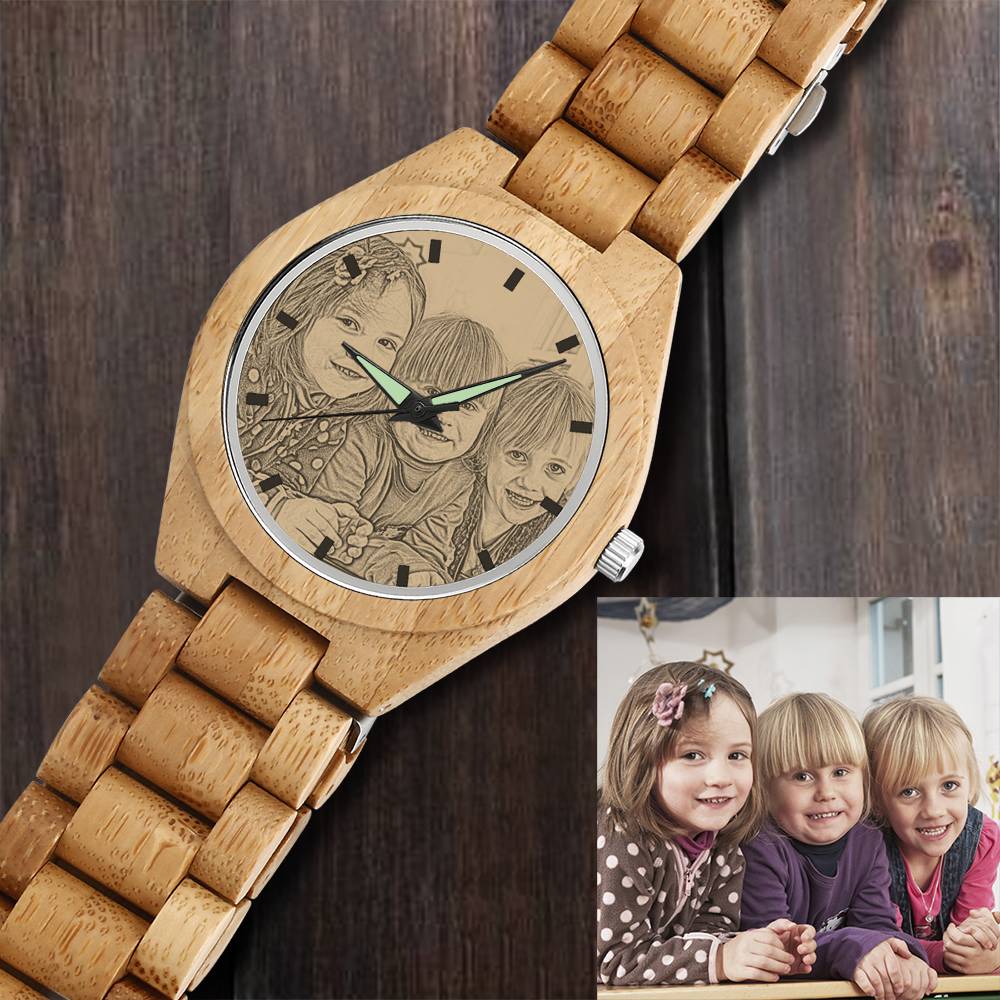 Custom Sketch Wooden Watch With Engraved Message (Adjustable Strap)