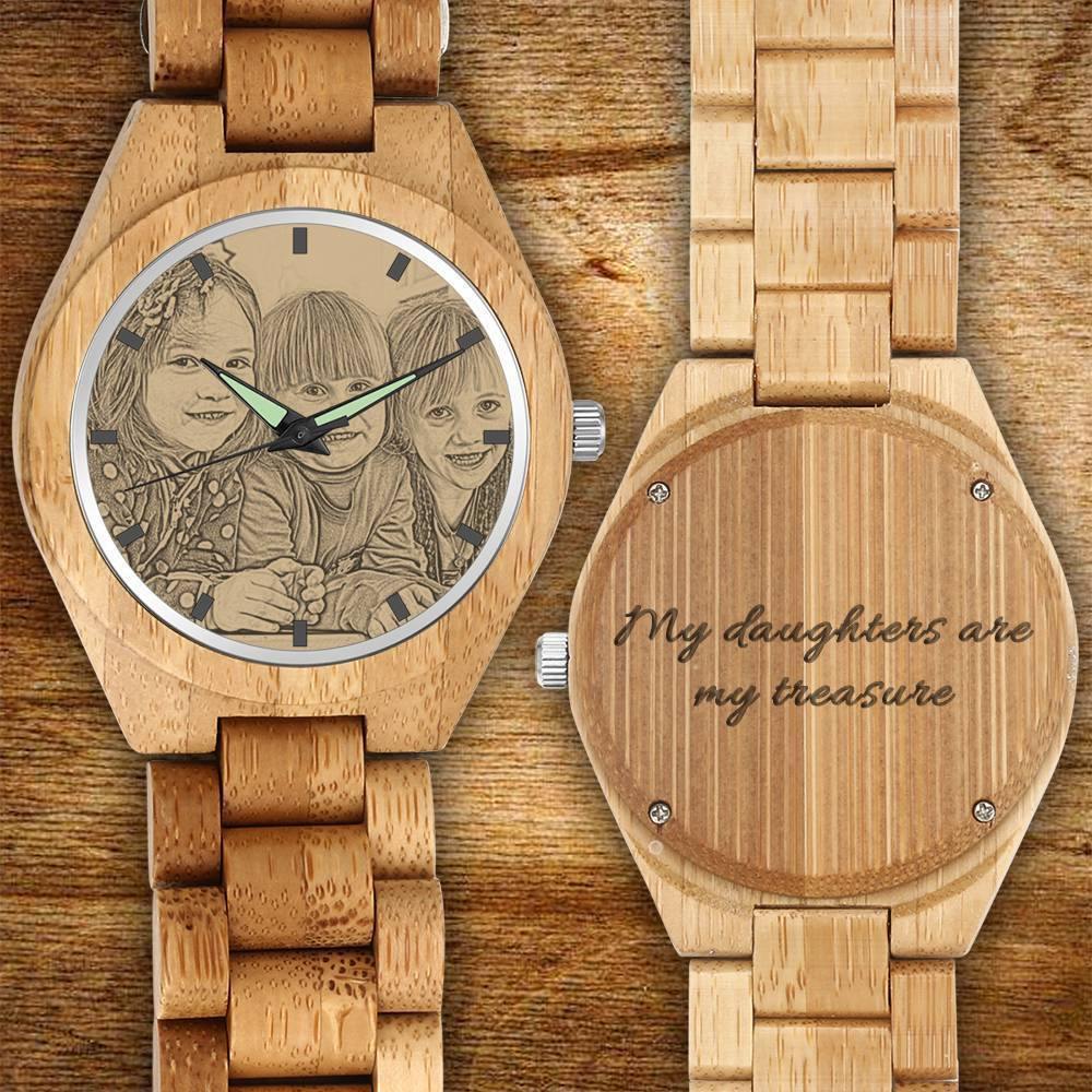 Custom Sketch Wooden Watch With Engraved Message (Adjustable Strap)