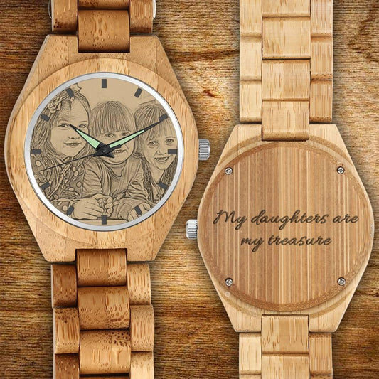 Custom Sketch Wooden Watch With Engraved Message (Adjustable Strap)