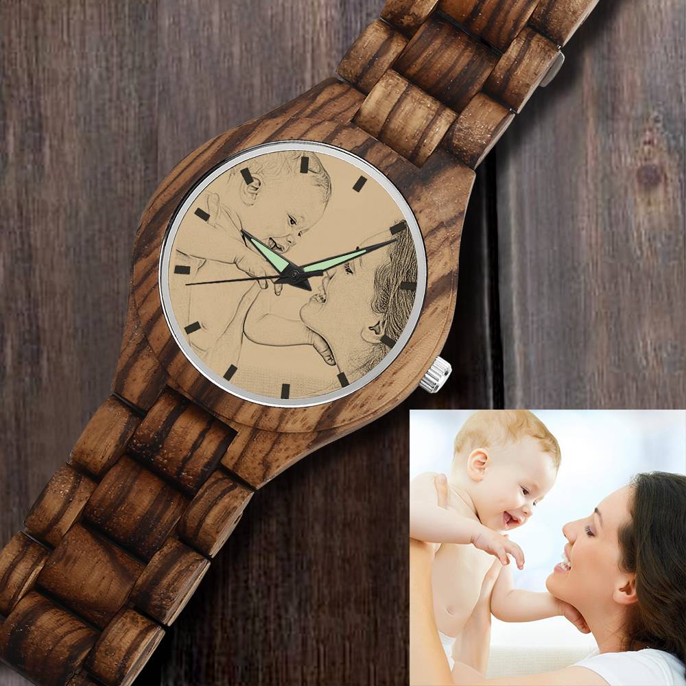 Wooden wristwatch with a close-up of a baby and mother on a wooden background