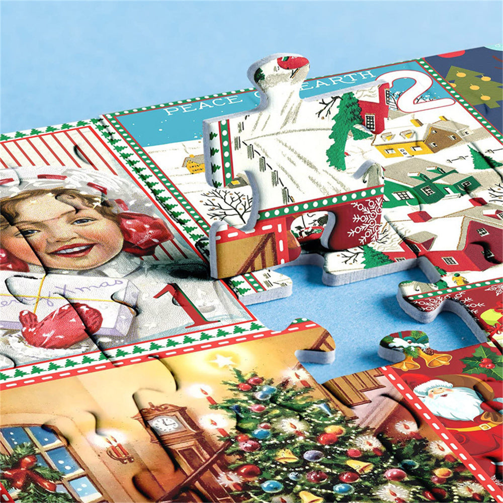 Christmas-themed puzzle with various scenes and characters on a blue background