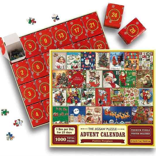 Jigsaw puzzle advent calendar with daily puzzles and festive designs on a white background