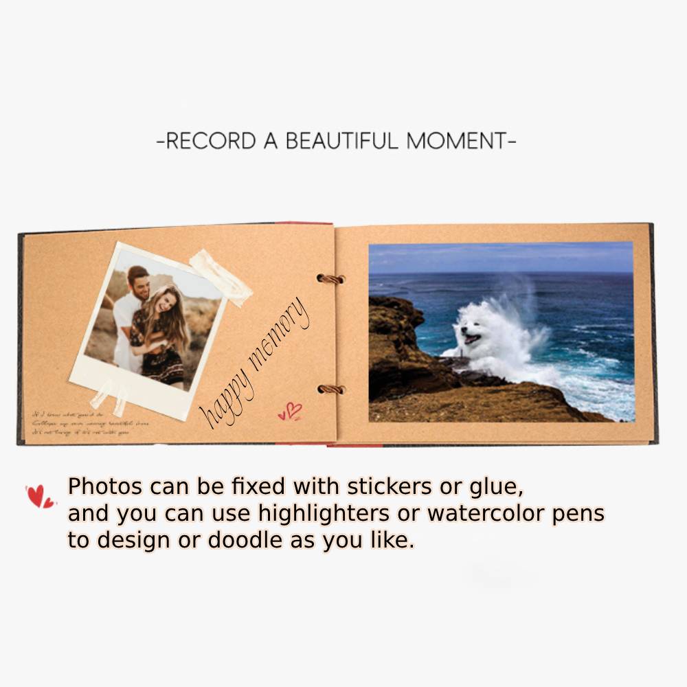 Open photo album with a couple and ocean scene, text encourages recording moments with photos and decorations.