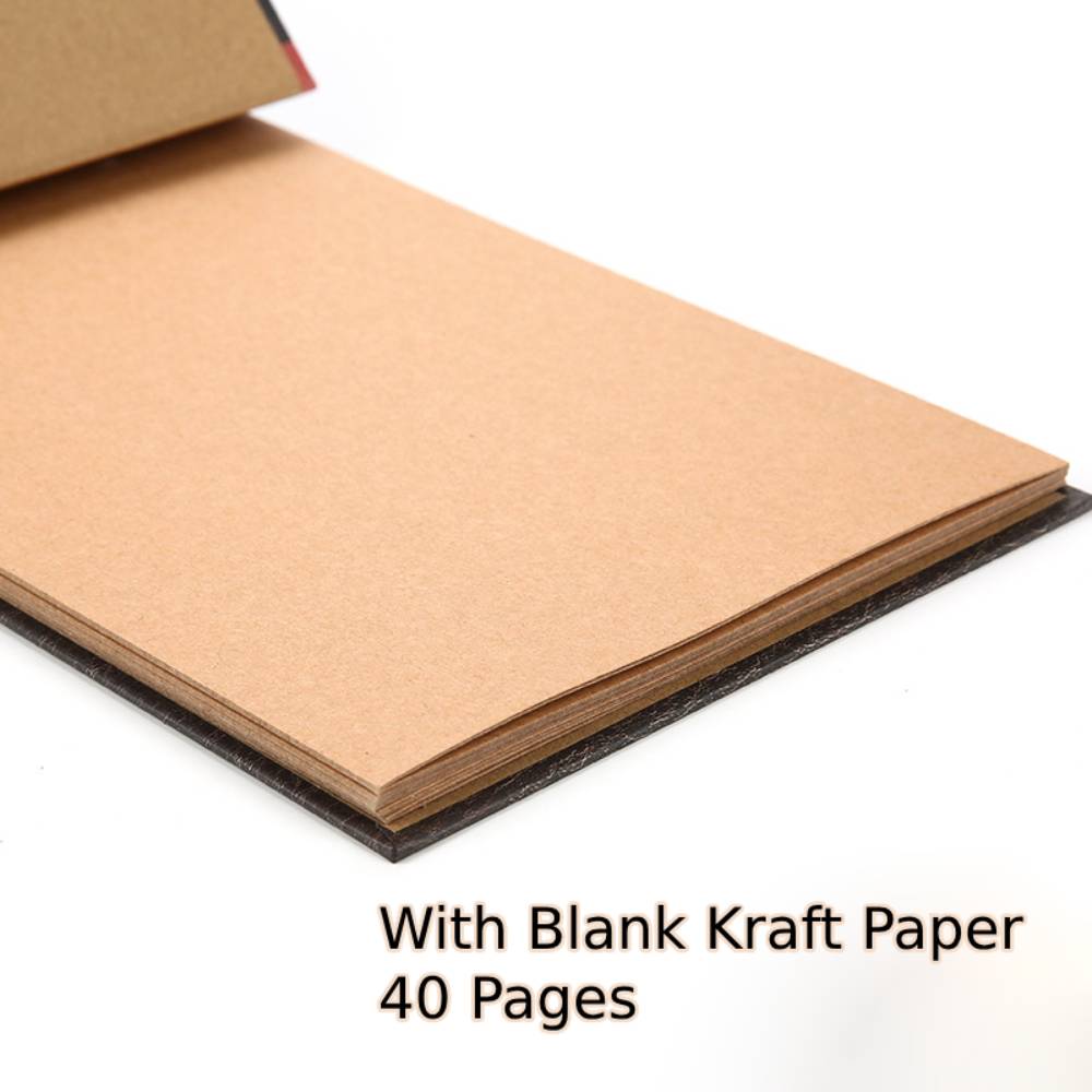 Open notebook with blank kraft paper pages on a white background