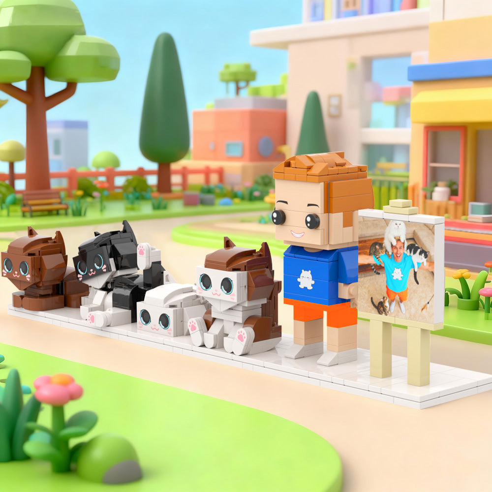Custom Brick Figures with Frame (Male and 4 Cats)