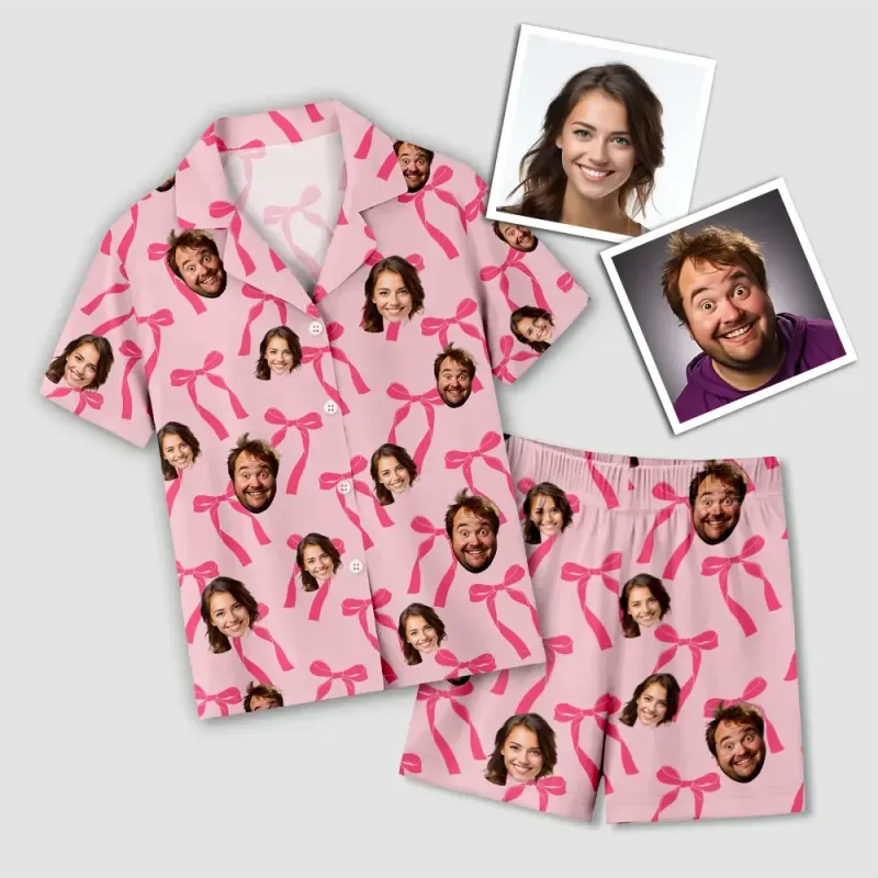 Pink pajama set with custom face prints on a light gray background
