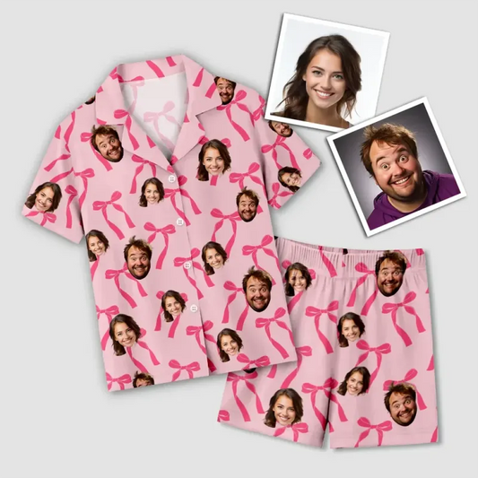 Pink pajama set with custom face prints on a light gray background