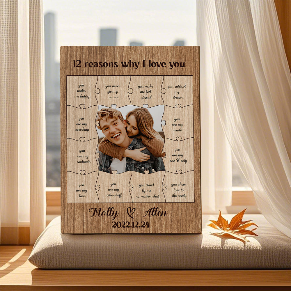 Wooden puzzle frame with a photo of a couple and engraved text on a cushioned surface.