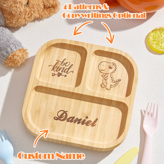 Wooden children's tray with engraved text on a light background