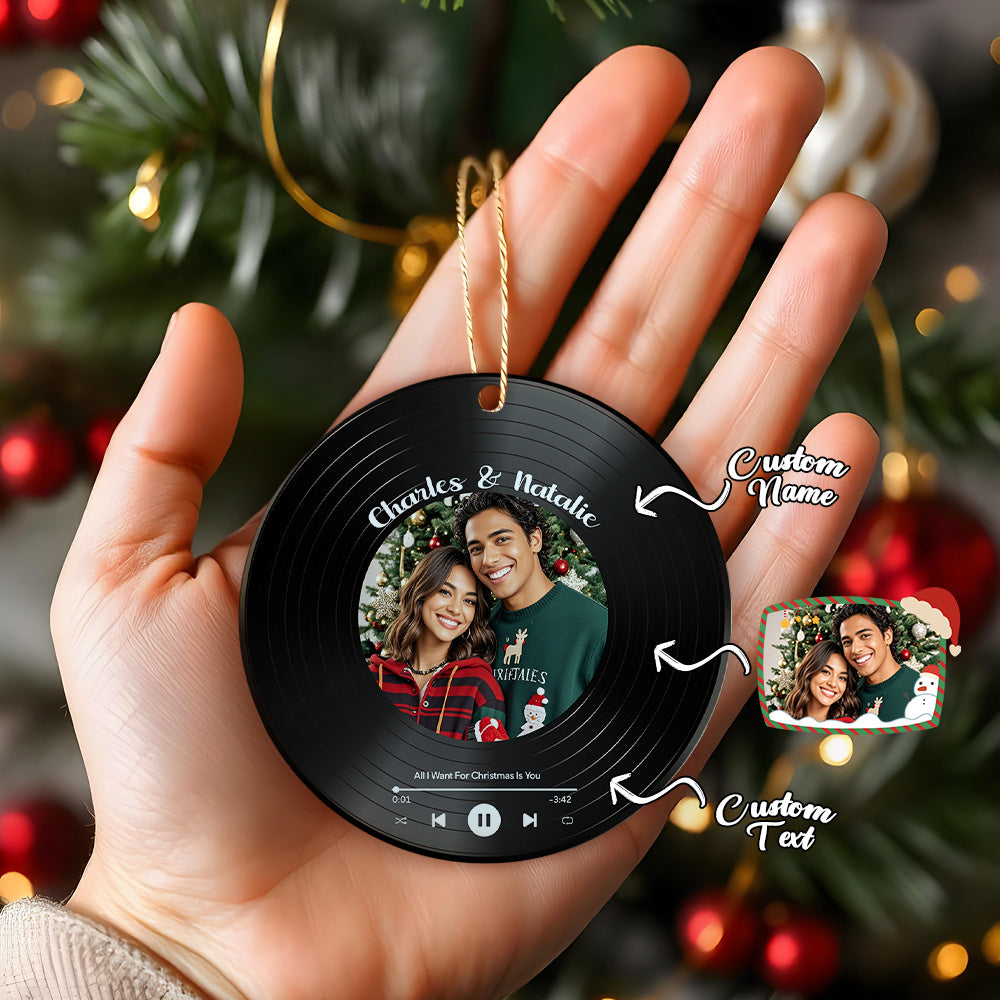 Personalized Christmas ornament with customizable text and photos held in a hand against a festive background.