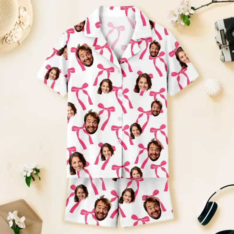 Personalized pajama set with pink bows and faces on a light background