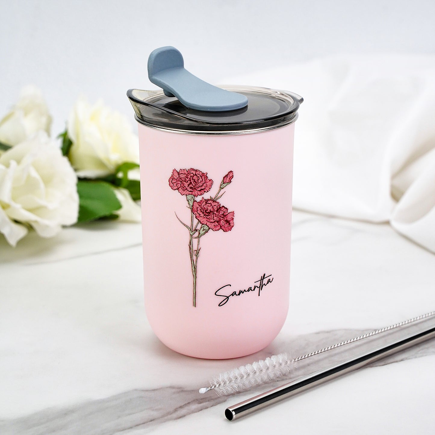 Custom Birth Flower And Name  Stylish Coffee Cup 12oz/350ml With Straw