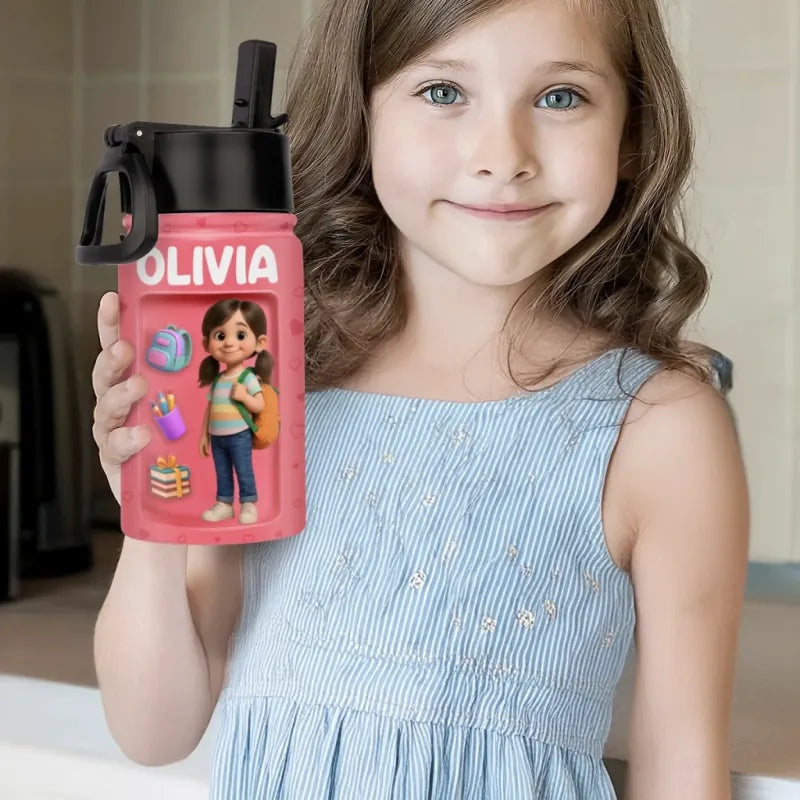 Young girl holding a pink water bottle with a personalized design and name.