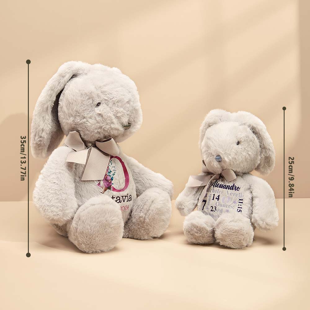 Two plush toys, a rabbit and a bear, with name tags and measurements on a beige background