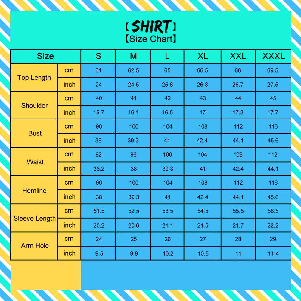 Shirt size chart with measurements in centimeters and inches on a colorful striped background