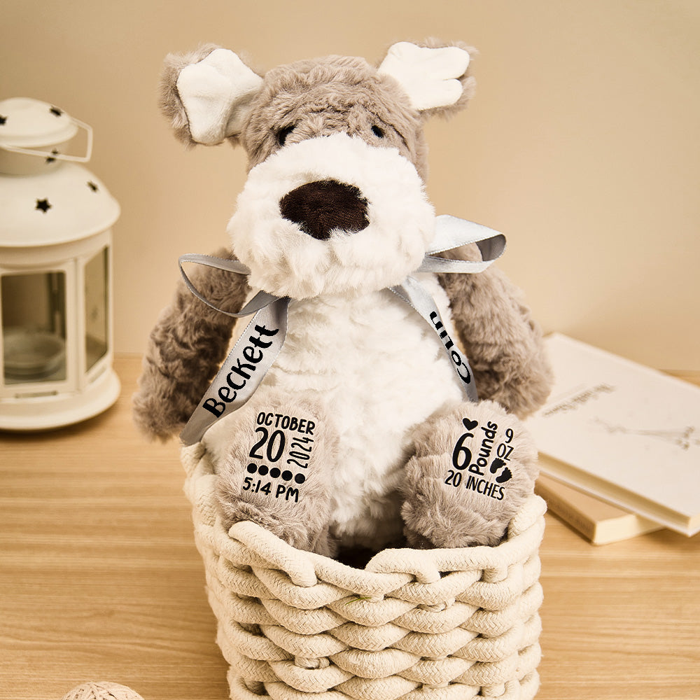 Plush dog toy with personalized details in a woven basket on a wooden surface.