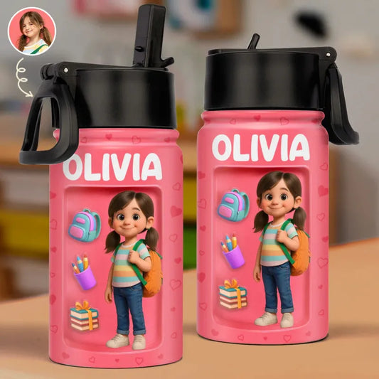 Two pink water bottles with a character design and 'OLIVIA' text on a blurred background.