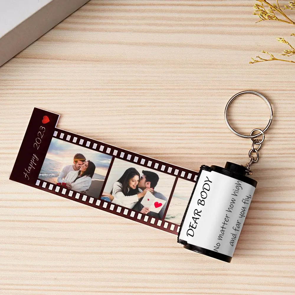 Custom Photo & Text Colorful Roll Film Keychain Camera Keychain with Wood Box - Gift For Valentine's Day Birthday Anniversary