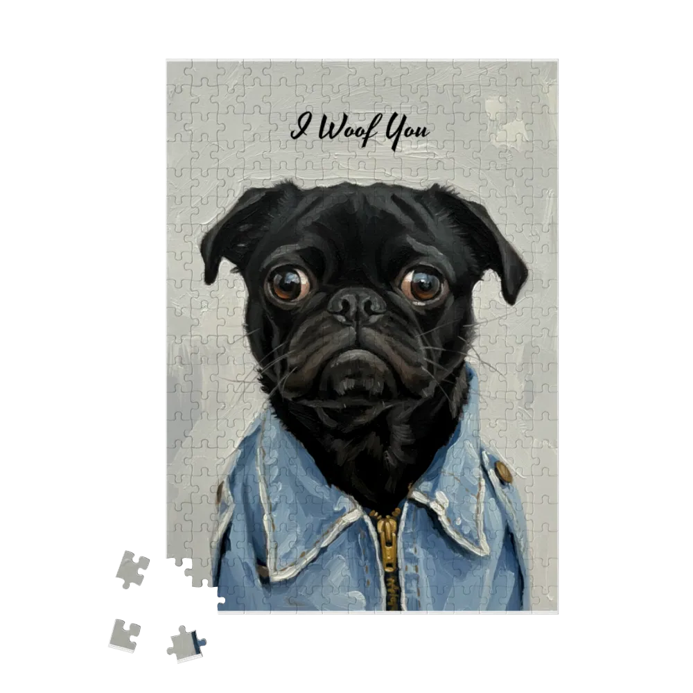 Jigsaw puzzle with a black dog wearing a denim jacket and 'I Woof You' text on a gray background