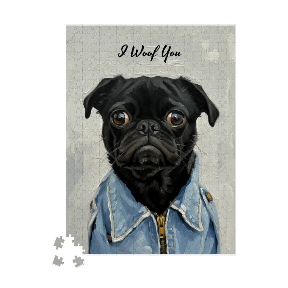 Black pug peeking out from behind blue jeans with 'Woof You' text on a gray background