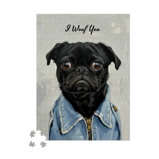 Black pug peeking out from behind blue jeans with 'Woof You' text on a gray background