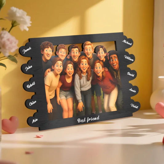 Personalized photo frame with a couple's photo and 'I LOVE YOU' text, set against a decorative background with flowers and hearts.