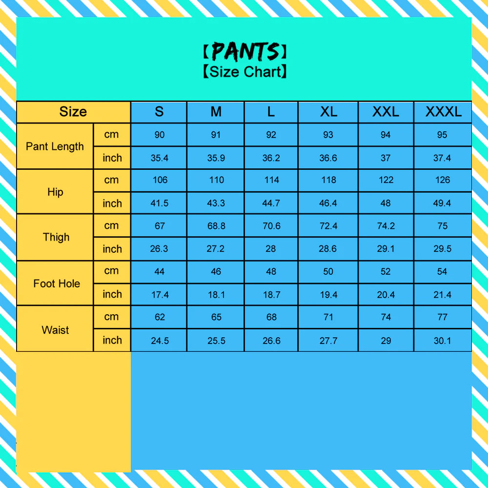 Pants size chart with measurements in centimeters and inches on a blue and yellow striped background.
