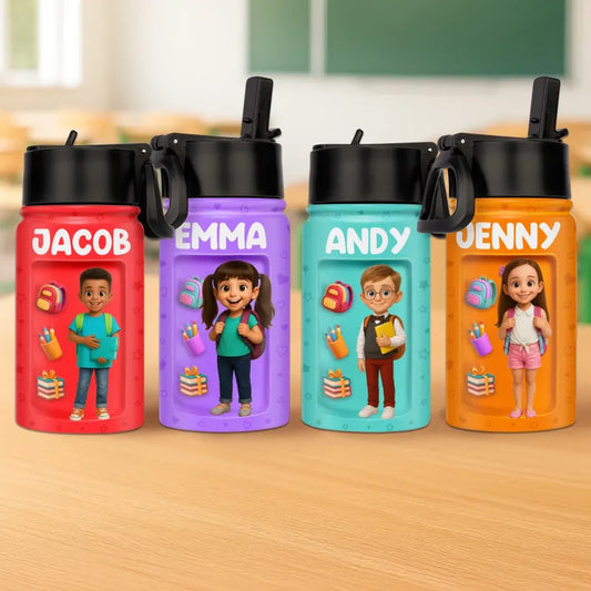 Four colorful water bottles with cartoon characters and names on a wooden surface.