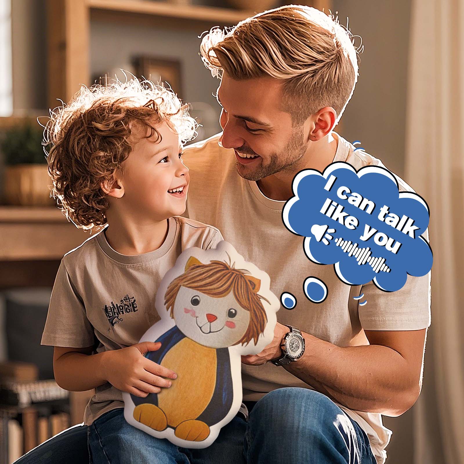 Man and child holding a plush toy together with a speech bubble indicating communication.