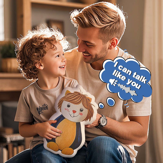 Man and child holding a plush toy together with a speech bubble indicating communication.