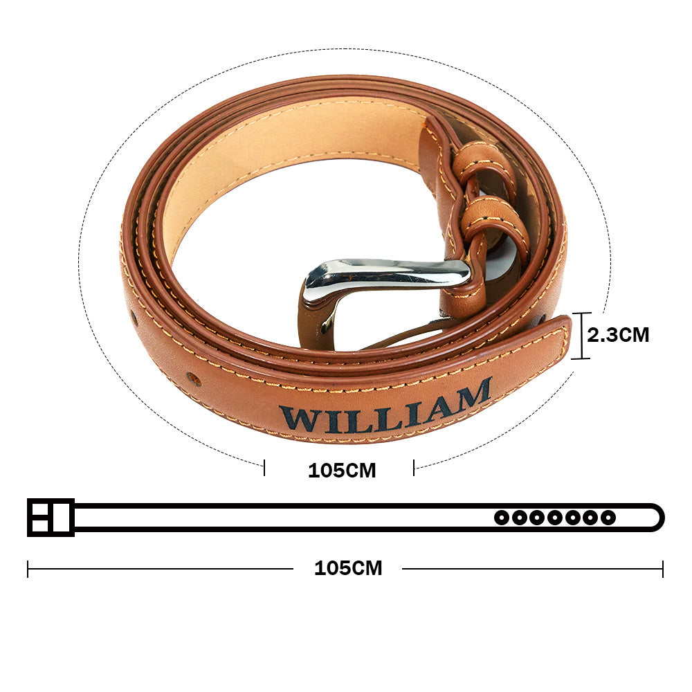 Brown leather belt with 'WILLIAM' engraving and measurements on a white background