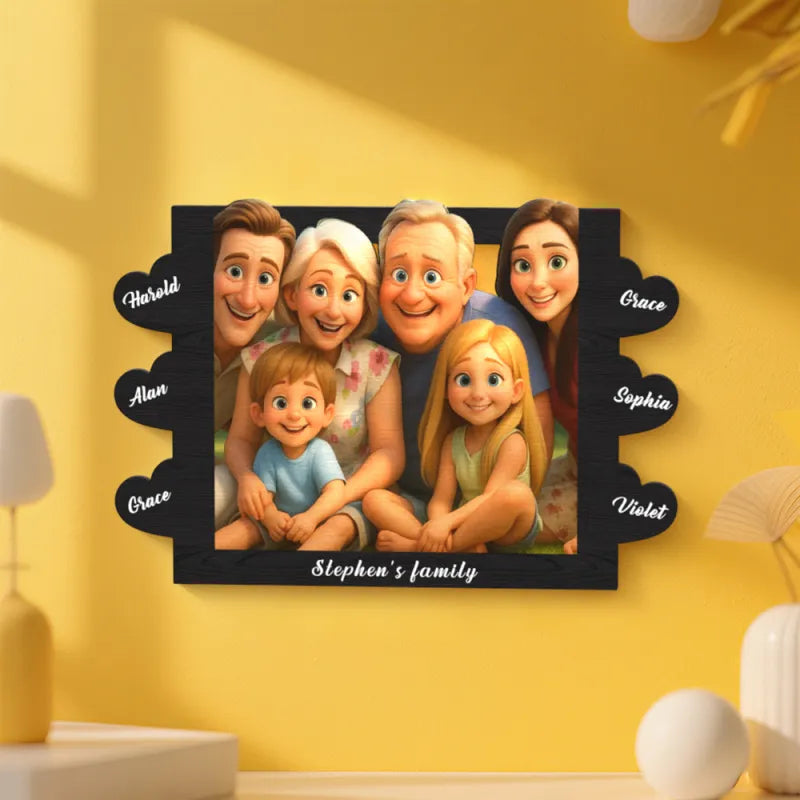 Family portrait with animated characters on a yellow wall