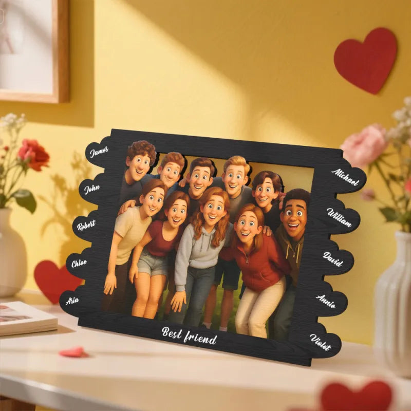 Personalized photo frame with cartoon characters and names on a decorative surface.