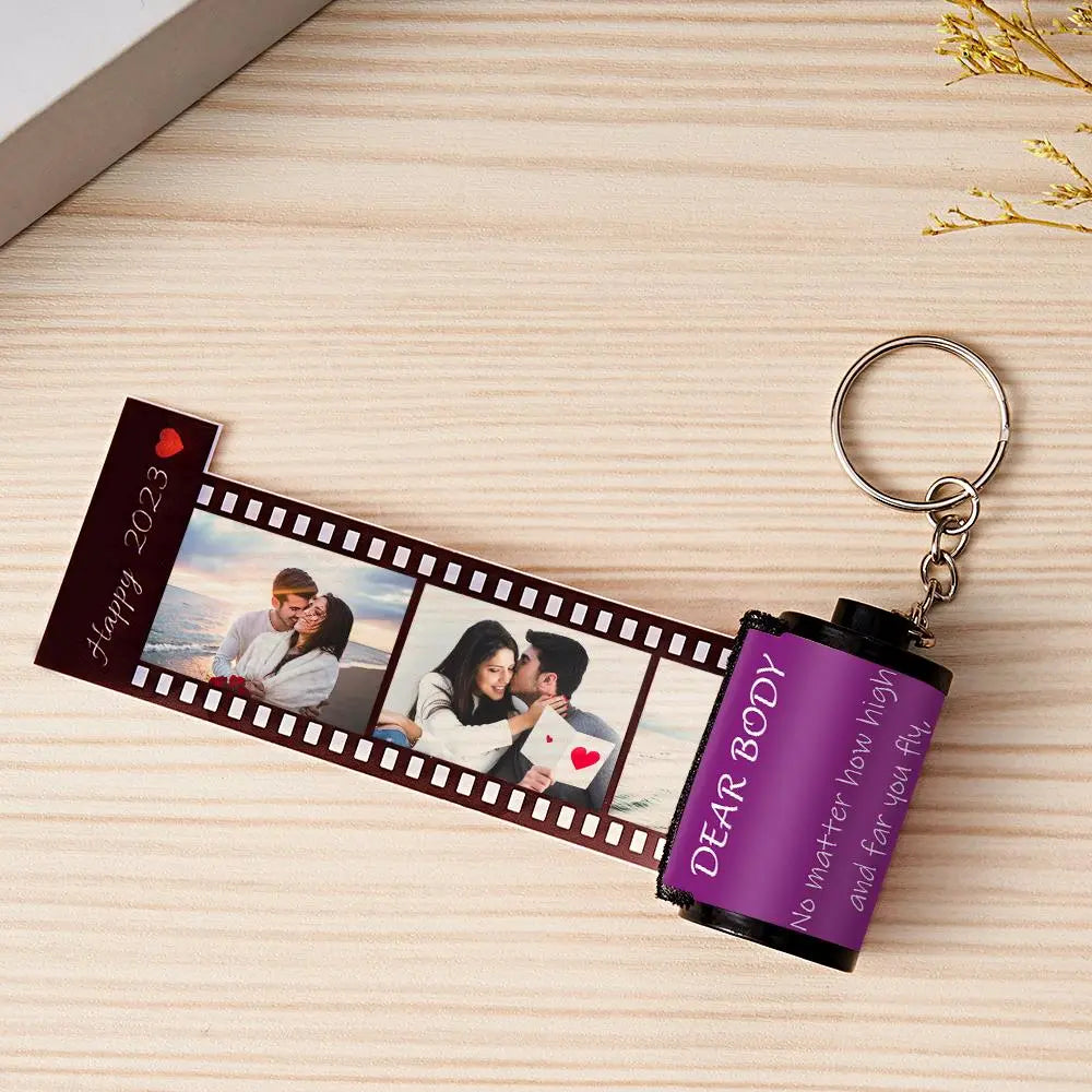Custom Photo & Text Colorful Roll Film Keychain Camera Keychain with Wood Box - Gift For Valentine's Day Birthday Anniversary