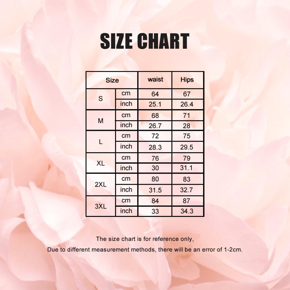 Size chart for waist and hips measurements on a pink floral background