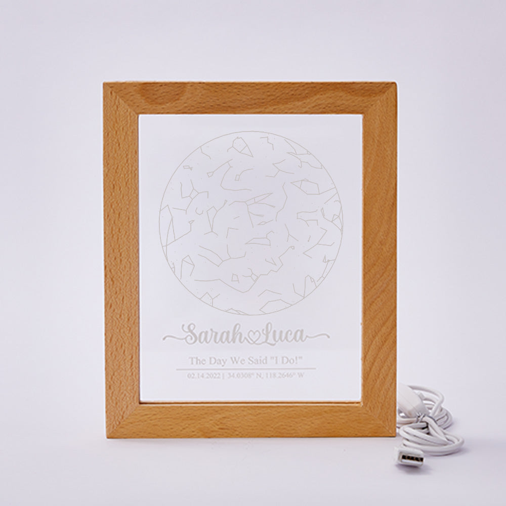 Custom Engraved Star Map Wooden Frame Night Light