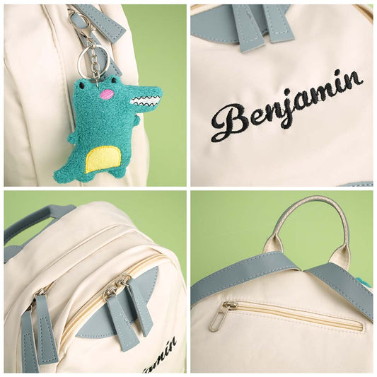 Collage of a backpack with a crocodile keychain and personalized name 'Benjamin'.