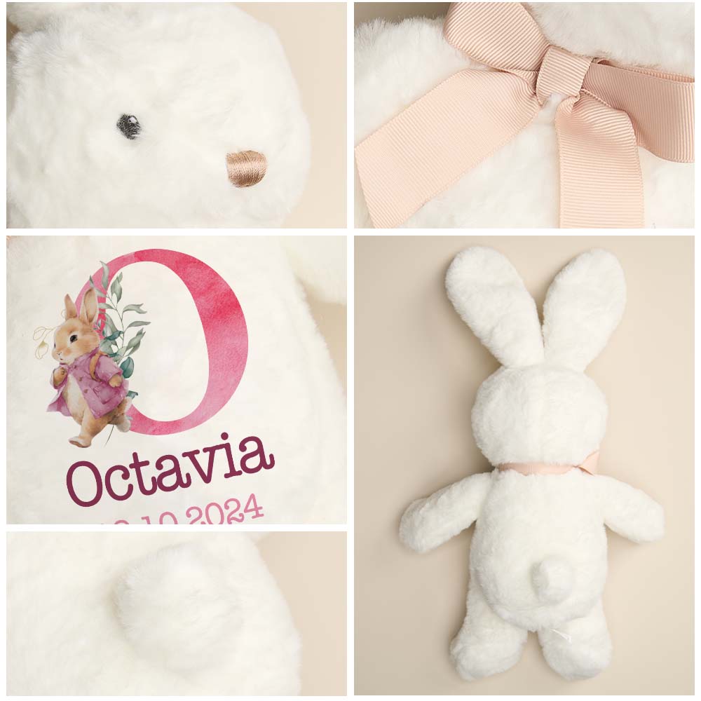 Collage of a white plush bunny with a pink bow, a decorative letter 'O', and a name card on a beige background.
