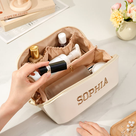 Personalized Leather Makeup Bag with Name Embroidery - furevermama