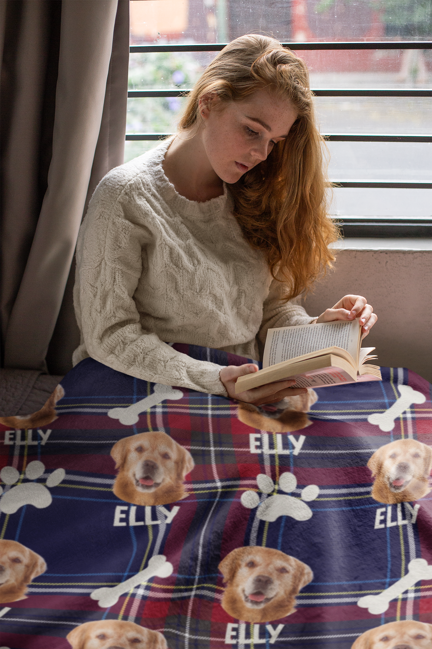 Custom Pet Photo Name Blue & Red Checked Velveteen Plush Blanket - furevermama