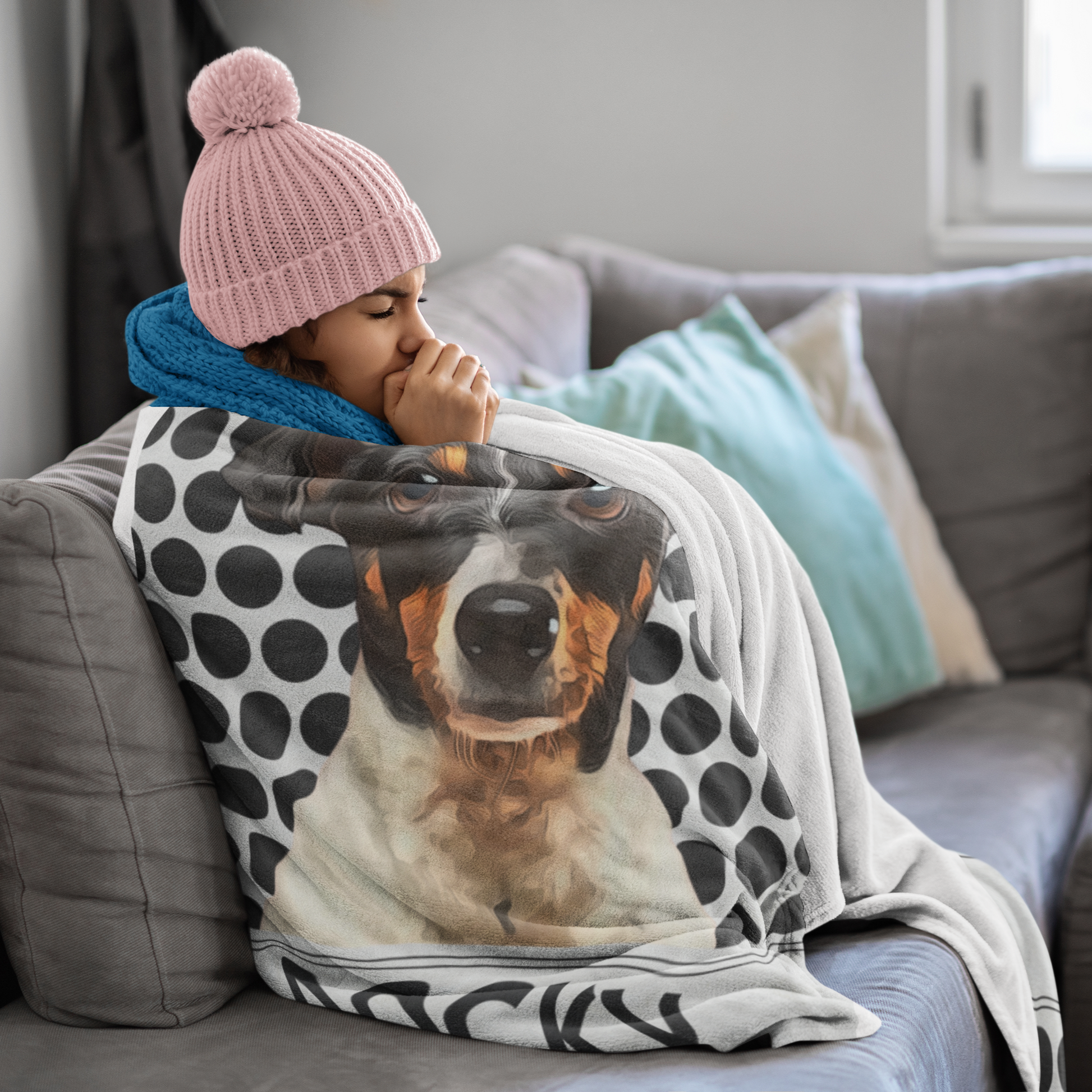 Custom Pet Photo Portrait Velveteen Plush Blanket, Black and White Dot Blanket - furevermama